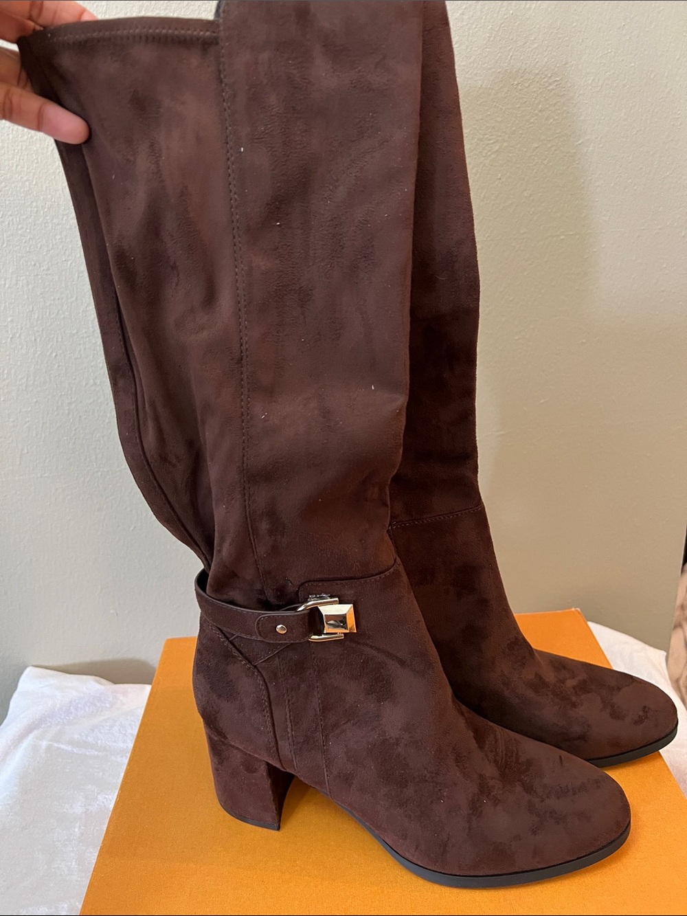 Classic Brown Suede Knee-High Boots with Block Heel new